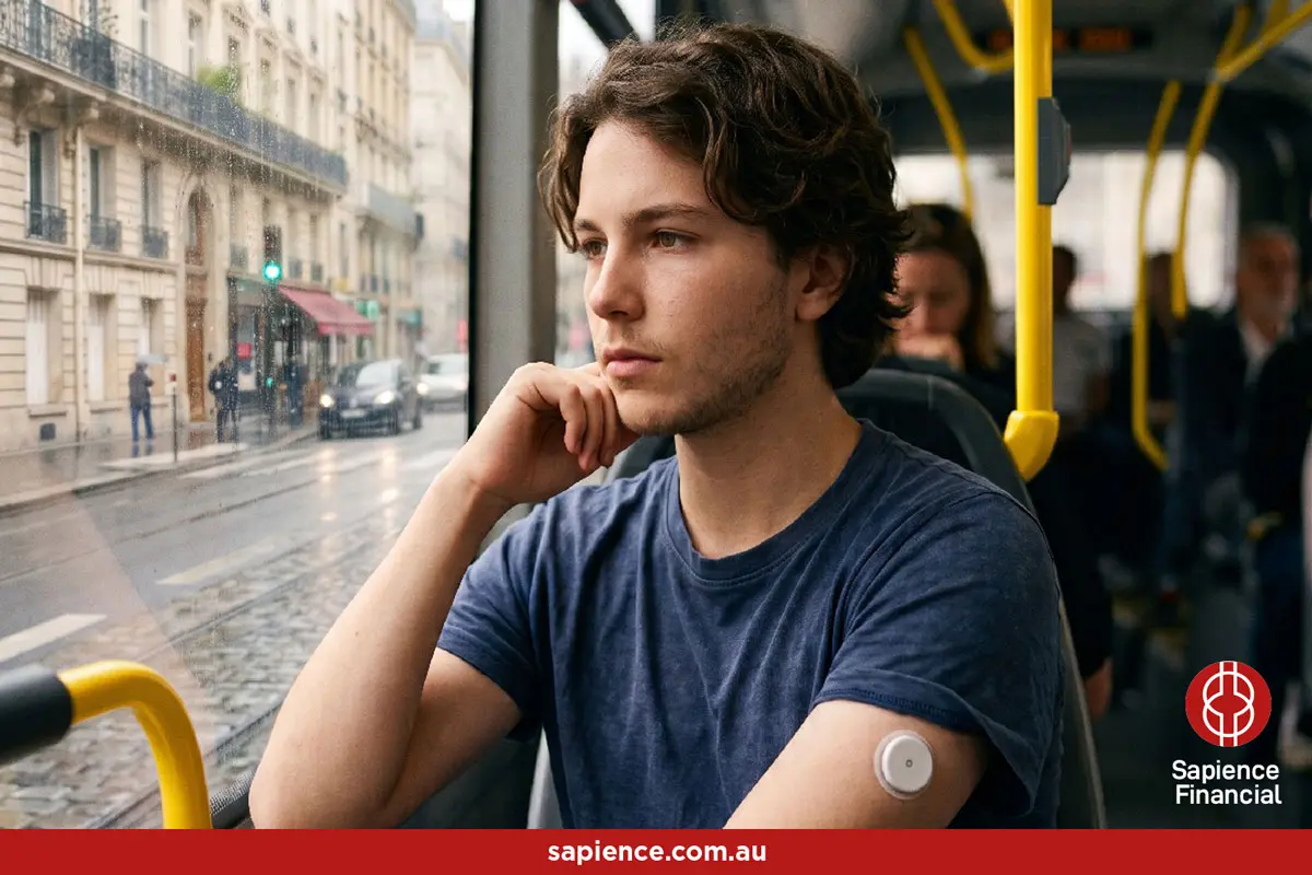 young man wearing a diabetes glucose body sensor