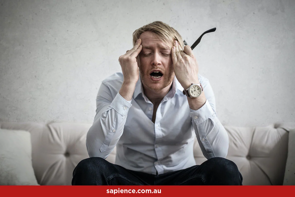 stressed business owner finding out he's now in business with his former partners spouse