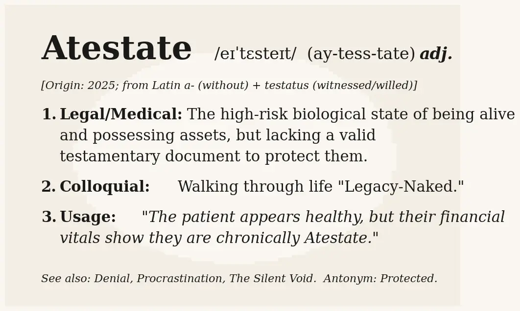 A dictionary-style definition graphic for the word "Atestate." Headword: Atestate /ay-tess-tate/ (adjective). Definition 1 (Legal/Medical): The high-risk biological state of being alive and possessing assets, but lacking a valid testamentary document to protect them. Definition 2 (Colloquial): Walking through life "Legacy-Naked." Definition 3 (Usage): "The patient appears healthy, but their financial vitals show they are chronically Atestate." Footer: See also: Denial, Procrastination, The Silent Void. Antonym: Protected.