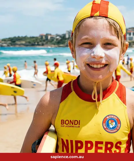 smiling young beach nipper boy with white zinc on his nose