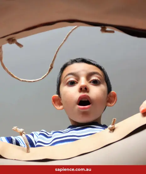 excited young boy looking down into an opened paper bag to see the definition of Atestate