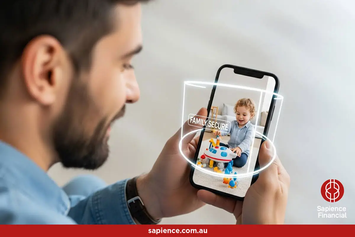 proud father looking at a photo of this young son displayed on a mobile phone surrounded in a protective white light with the words family secured